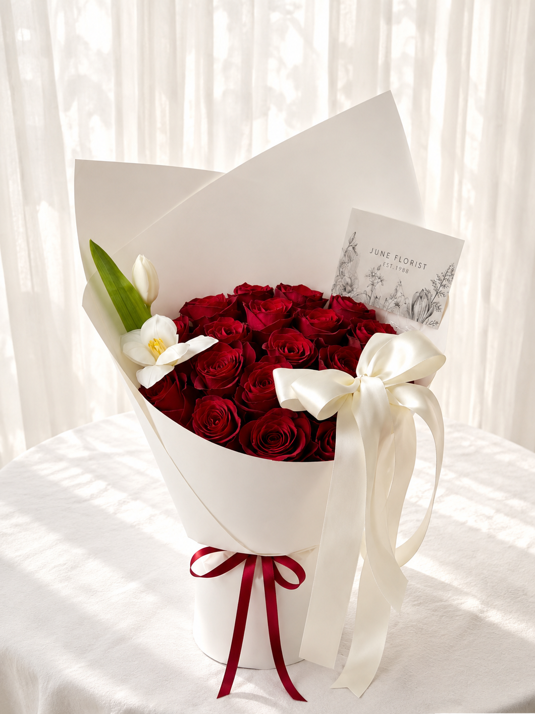 24 Red Roses & White Tulips Bouquet
