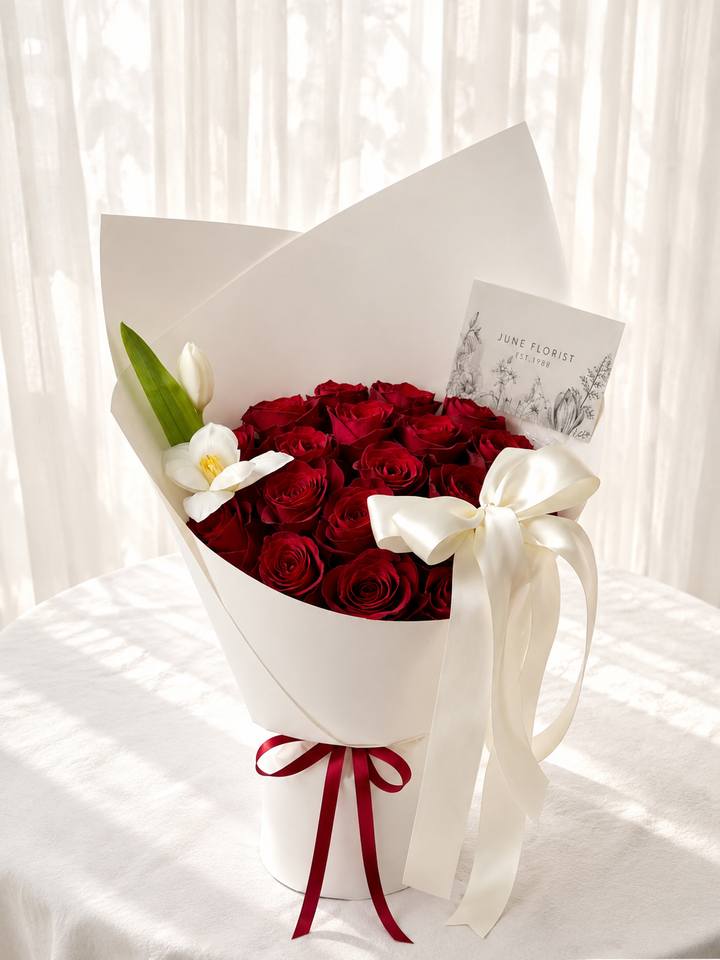 24 Red Roses & White Tulips Bouquet