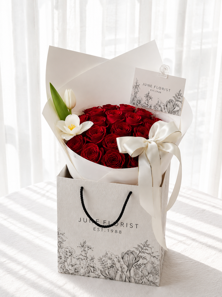 24 Red Roses & White Tulips Bouquet