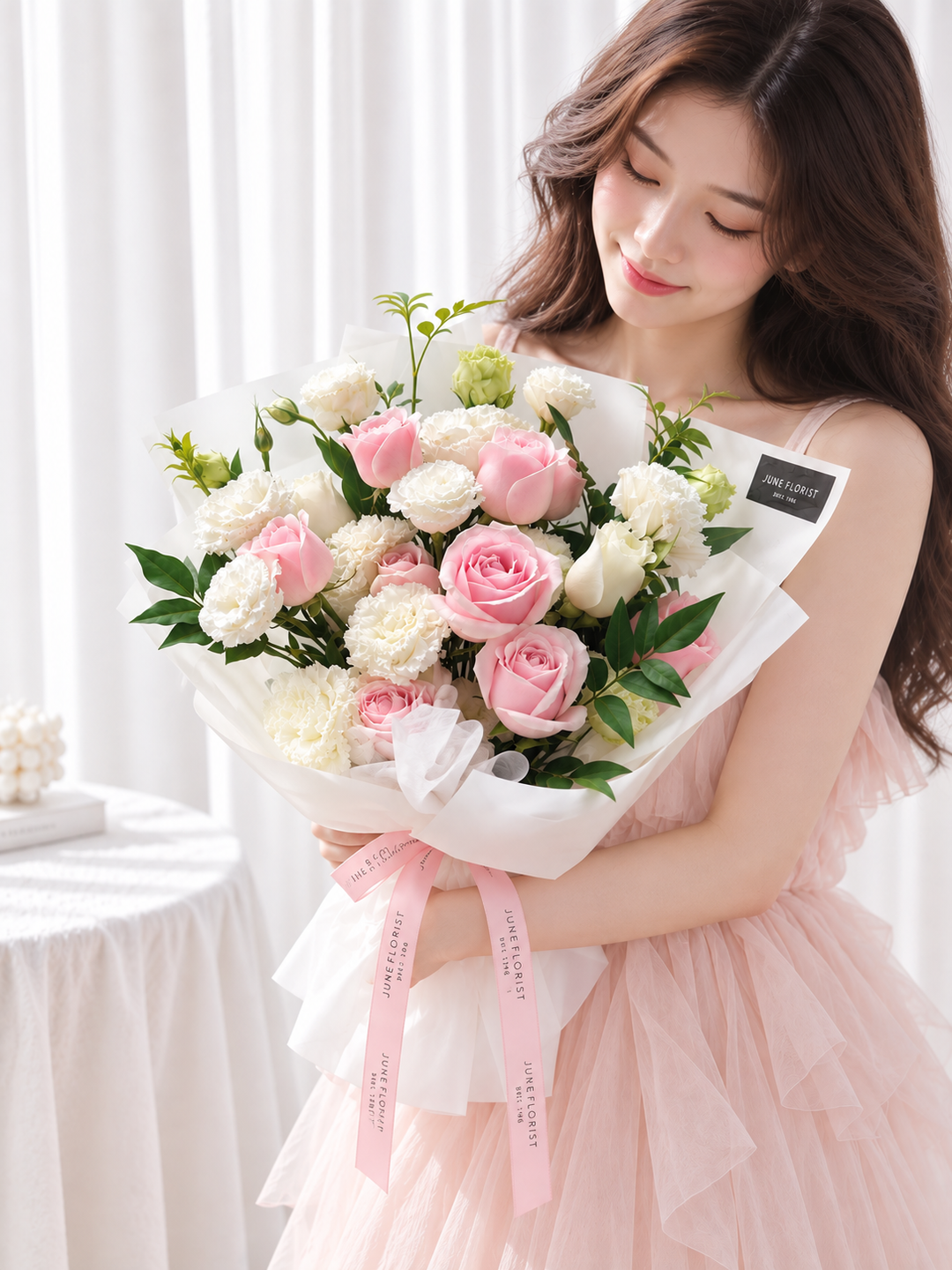 Pink Whisper – Pink Rose & White Flower Bouquet Singapore