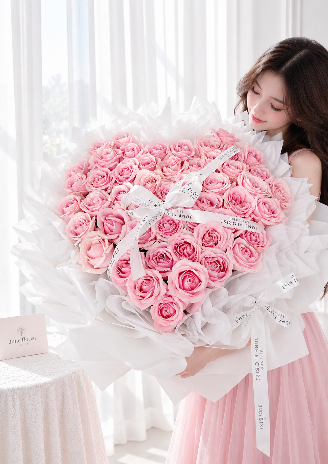 Blushing Heart – 99 Pink Roses Heart Bouquet Singapore
